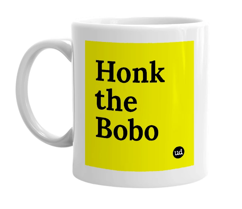 White mug with 'Honk the Bobo' in bold black letters