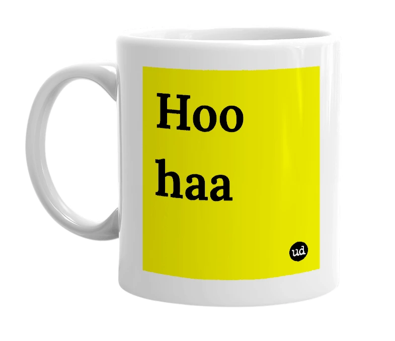 White mug with 'Hoo haa' in bold black letters