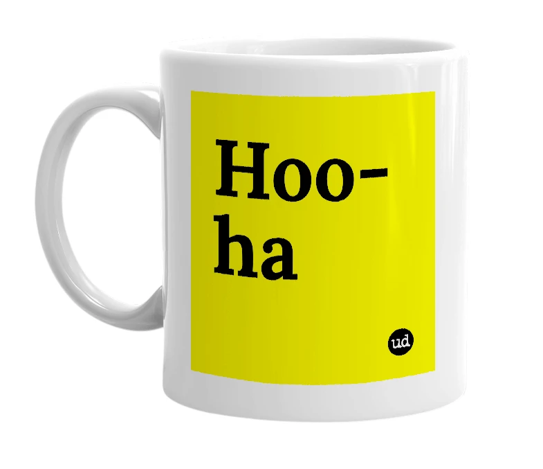 White mug with 'Hoo-ha' in bold black letters