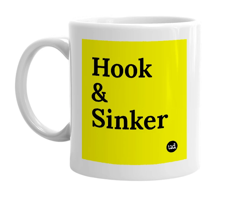 White mug with 'Hook & Sinker' in bold black letters