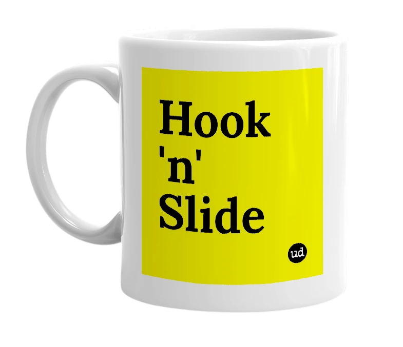 White mug with 'Hook 'n' Slide' in bold black letters