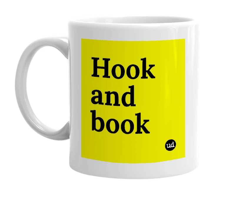 White mug with 'Hook and book' in bold black letters