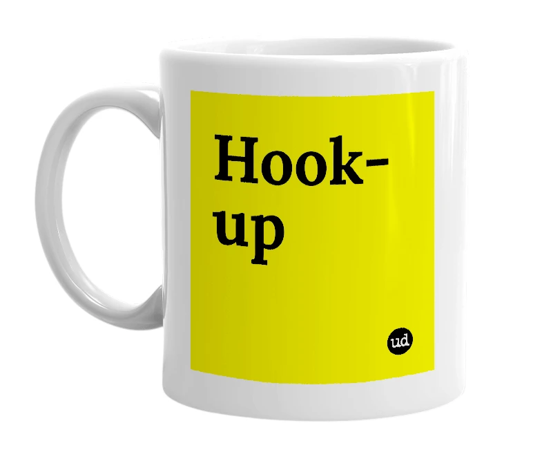 White mug with 'Hook-up' in bold black letters