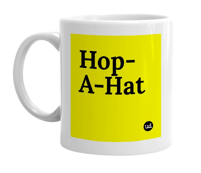 White mug with 'Hop-A-Hat' in bold black letters