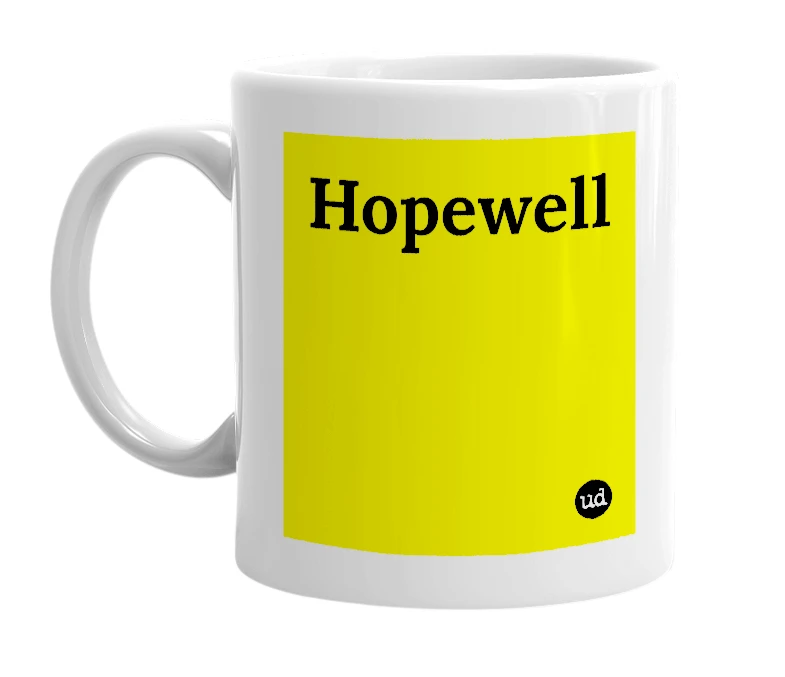 White mug with 'Hopewell' in bold black letters