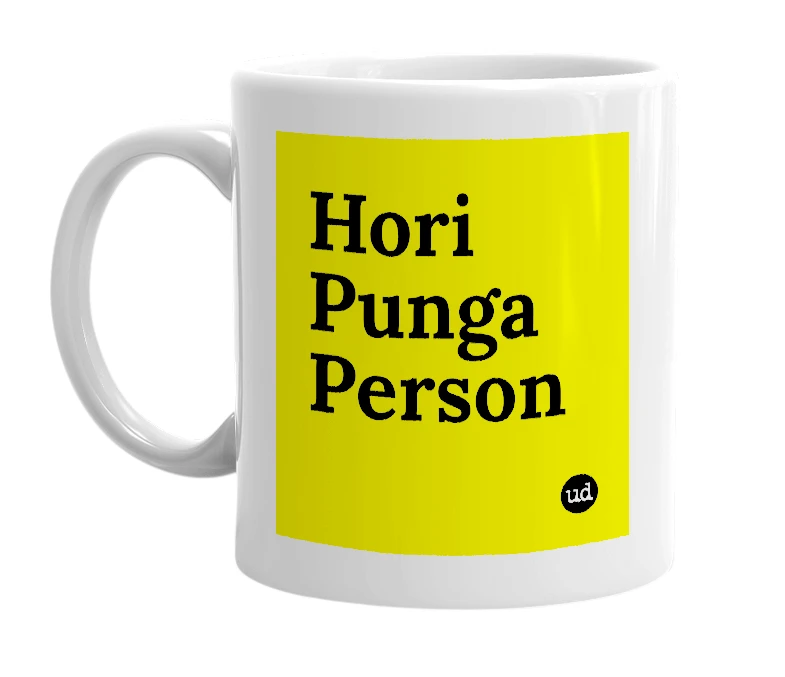 White mug with 'Hori Punga Person' in bold black letters