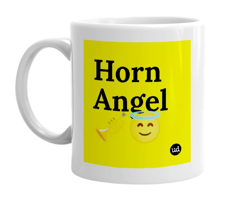 White mug with 'Horn Angel 🎺😇' in bold black letters
