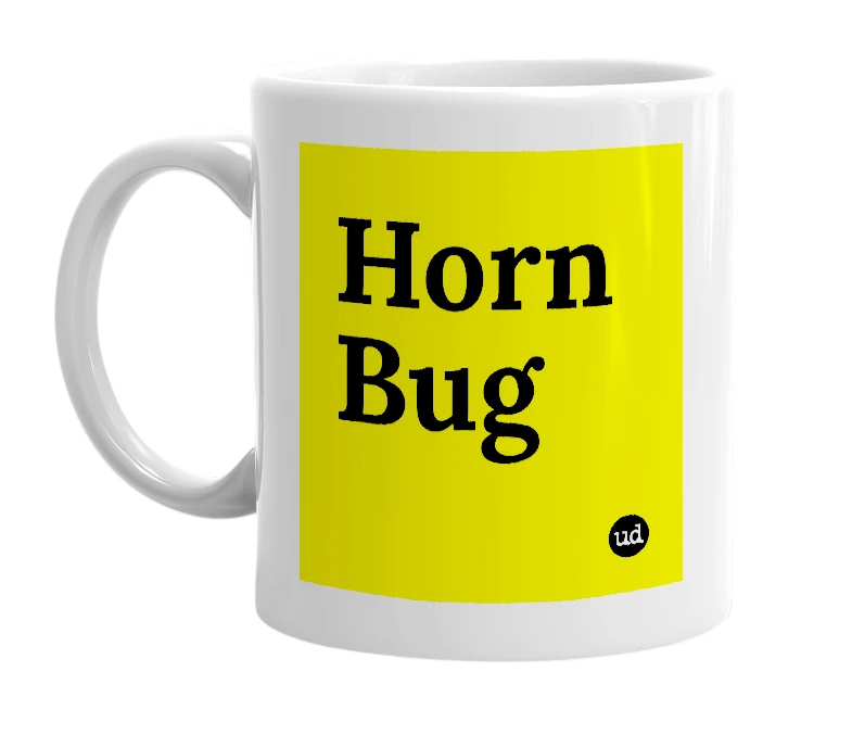 White mug with 'Horn Bug' in bold black letters