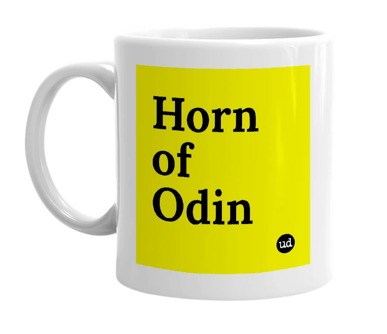 White mug with 'Horn of Odin' in bold black letters