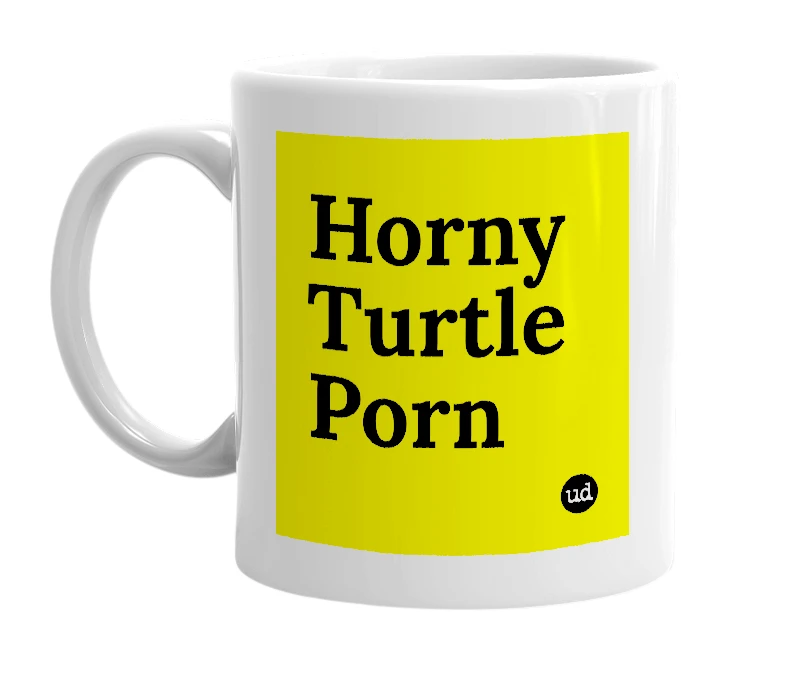 White mug with 'Horny Turtle Porn' in bold black letters