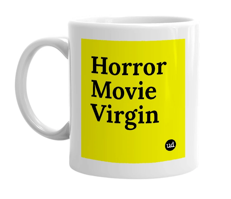 White mug with 'Horror Movie Virgin' in bold black letters
