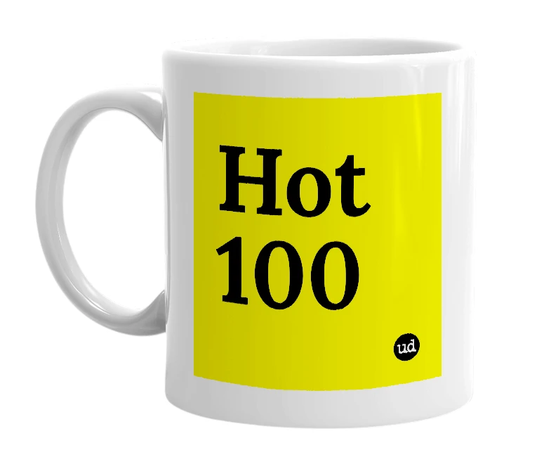 White mug with 'Hot 100' in bold black letters