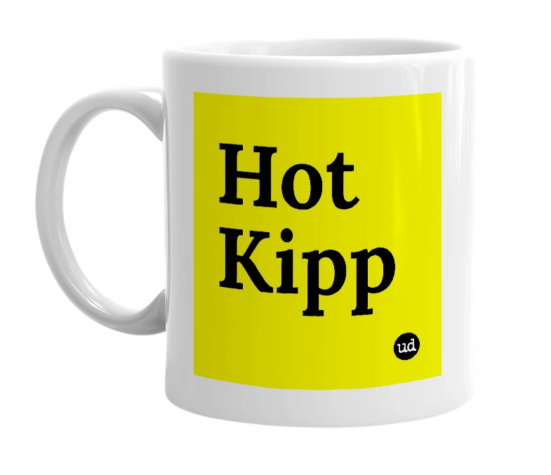 White mug with 'Hot Kipp' in bold black letters