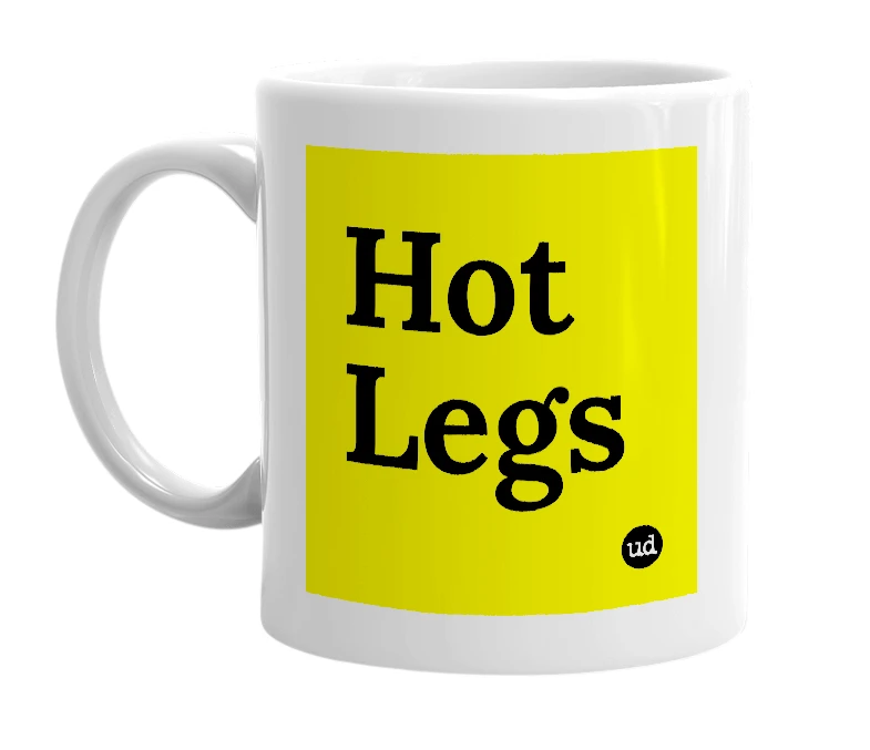 White mug with 'Hot Legs' in bold black letters