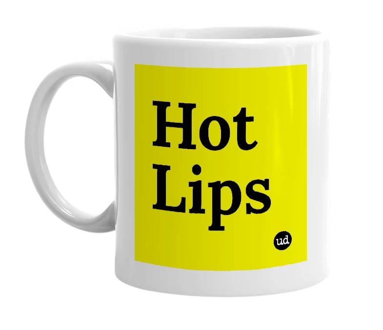 White mug with 'Hot Lips' in bold black letters