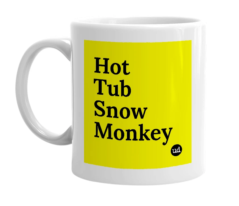 White mug with 'Hot Tub Snow Monkey' in bold black letters