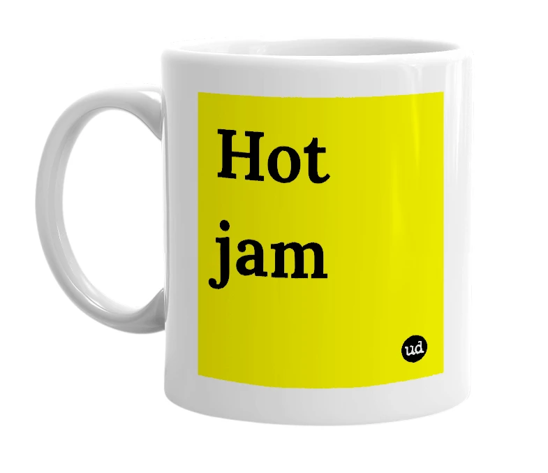 White mug with 'Hot jam' in bold black letters
