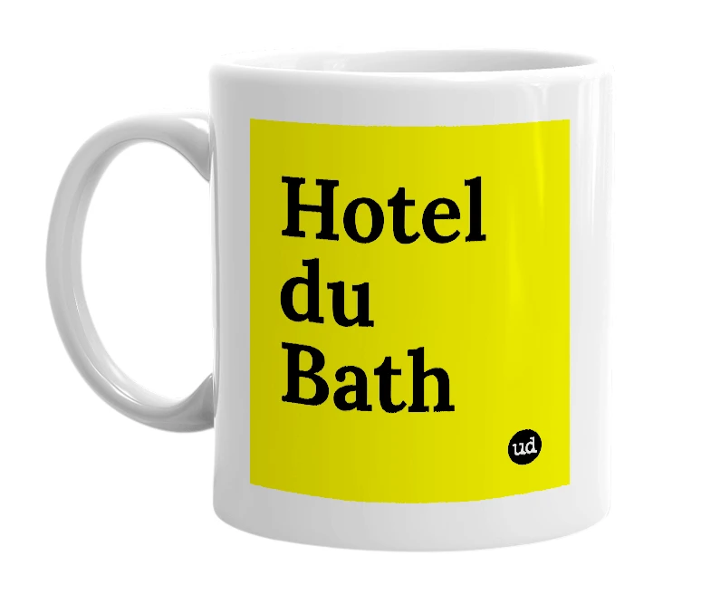 White mug with 'Hotel du Bath' in bold black letters