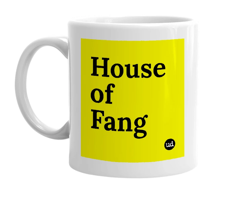 White mug with 'House of Fang' in bold black letters
