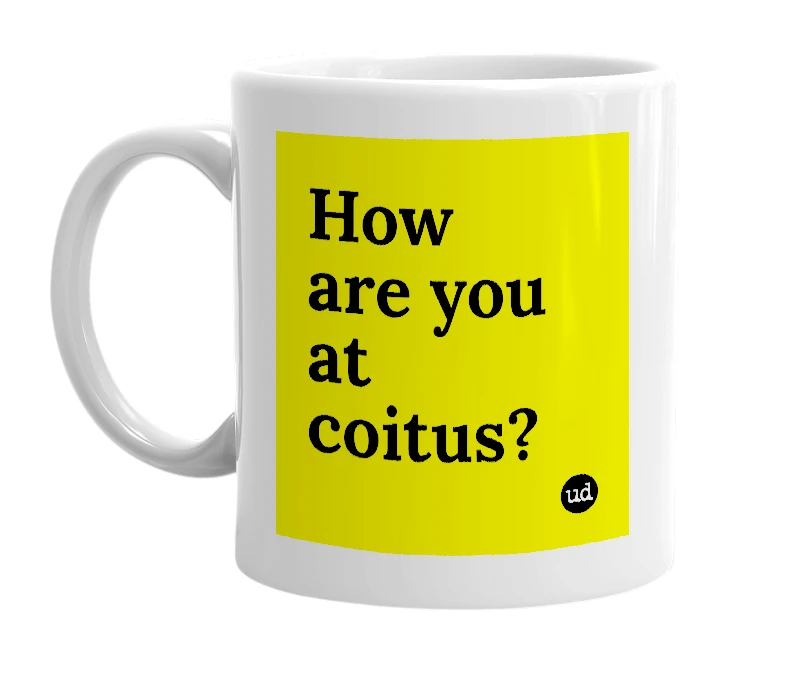 White mug with 'How are you at coitus?' in bold black letters