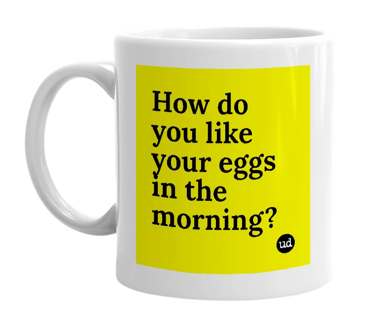 White mug with 'How do you like your eggs in the morning?' in bold black letters