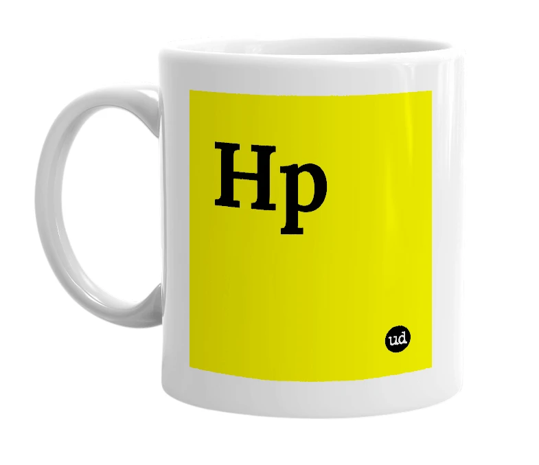 White mug with 'Hp' in bold black letters