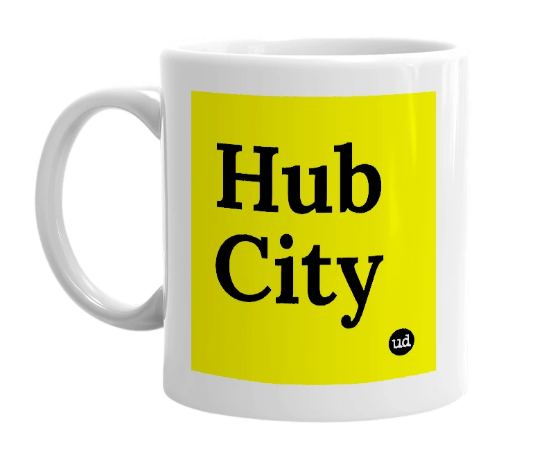 White mug with 'Hub City' in bold black letters