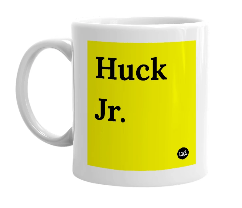 White mug with 'Huck Jr.' in bold black letters