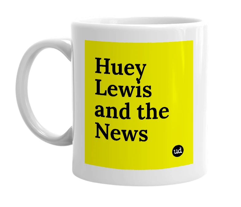 White mug with 'Huey Lewis and the News' in bold black letters