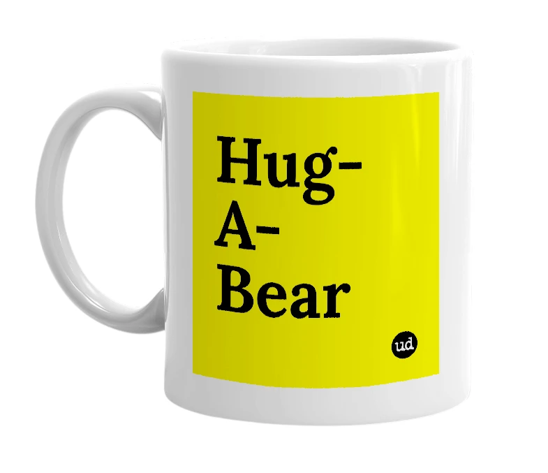 White mug with 'Hug-A-Bear' in bold black letters
