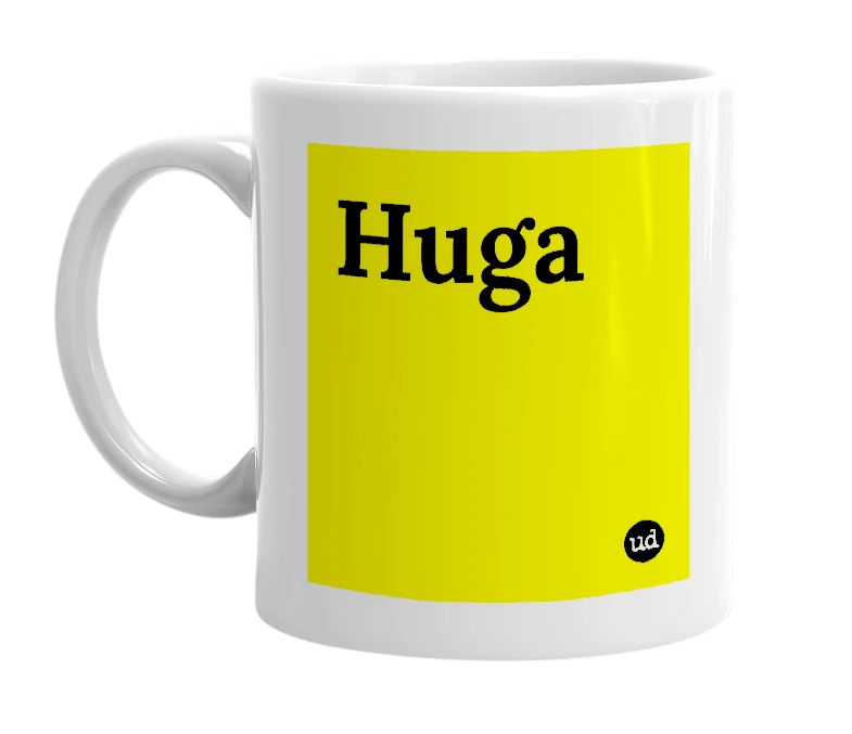 White mug with 'Huga' in bold black letters