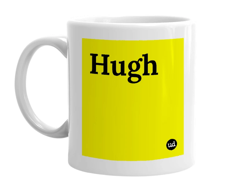White mug with 'Hugh' in bold black letters