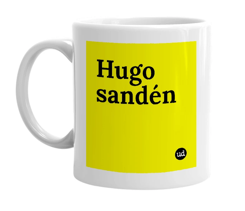 White mug with 'Hugo sandén' in bold black letters