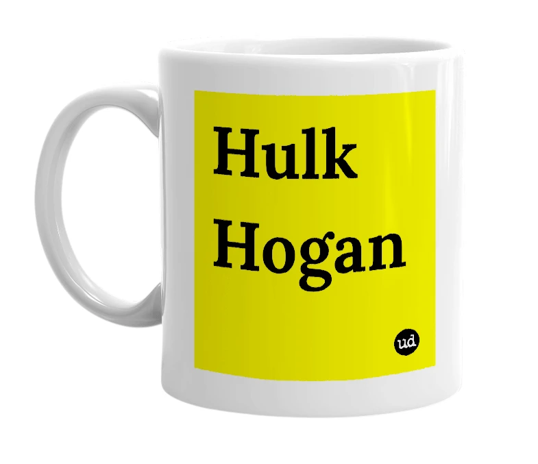 White mug with 'Hulk Hogan' in bold black letters