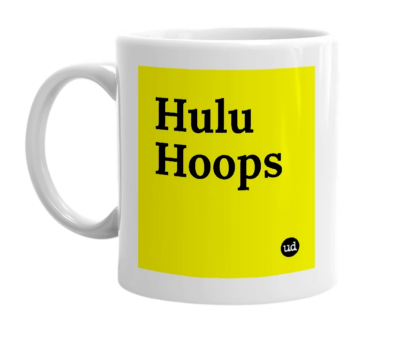 White mug with 'Hulu Hoops' in bold black letters
