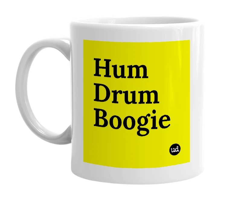 White mug with 'Hum Drum Boogie' in bold black letters