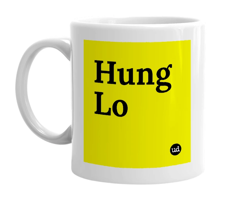 White mug with 'Hung Lo' in bold black letters
