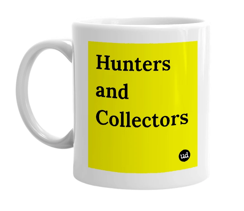 White mug with 'Hunters and Collectors' in bold black letters