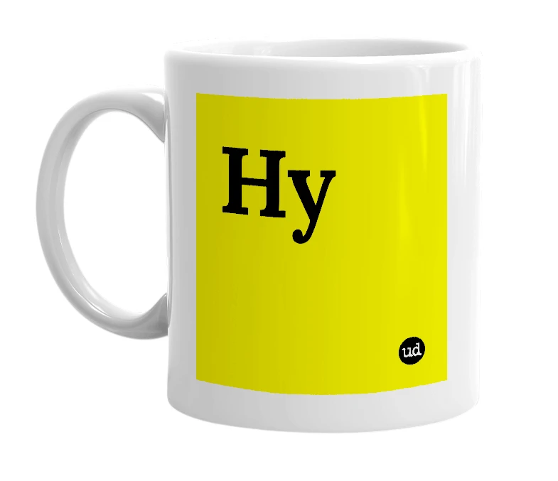 White mug with 'Hy' in bold black letters