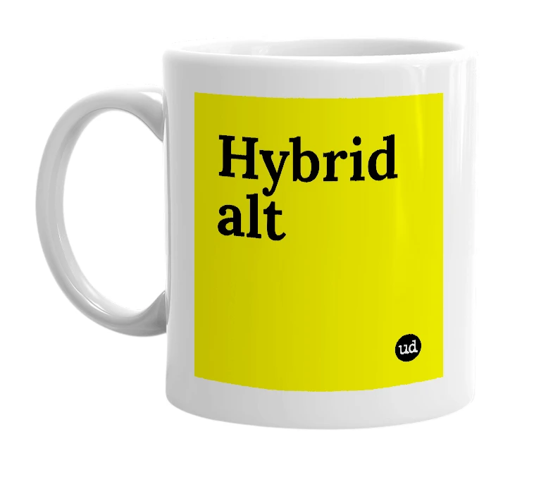 White mug with 'Hybrid alt' in bold black letters