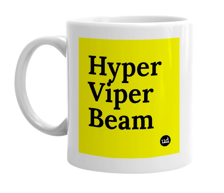 White mug with 'Hyper Viper Beam' in bold black letters