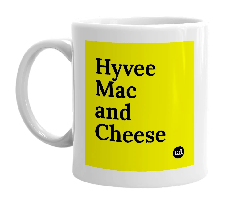 White mug with 'Hyvee Mac and Cheese' in bold black letters
