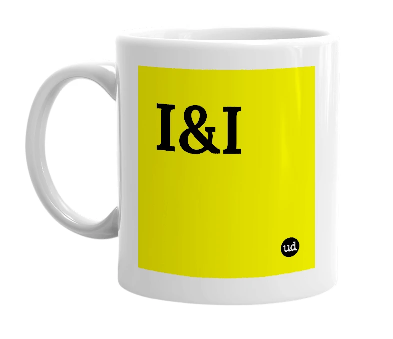 White mug with 'I&I' in bold black letters