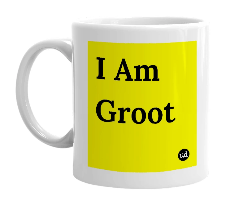 White mug with 'I Am Groot' in bold black letters