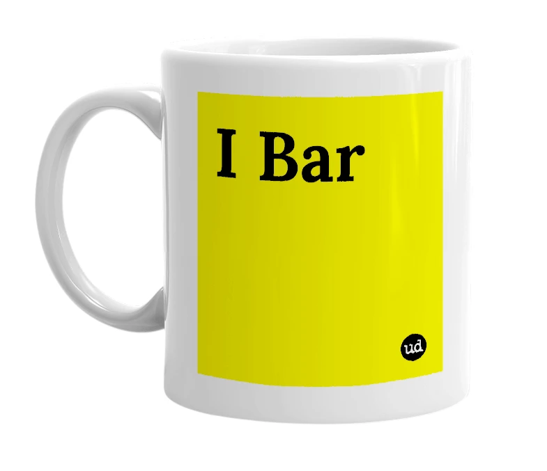 White mug with 'I Bar' in bold black letters