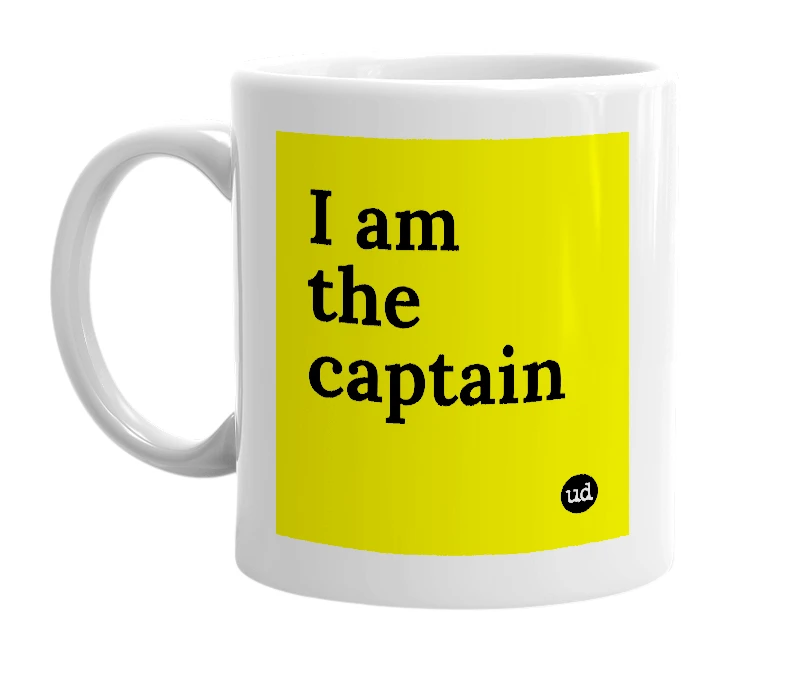White mug with 'I am the captain' in bold black letters