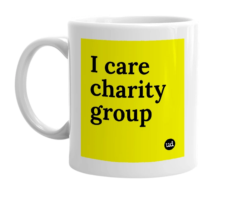 White mug with 'I care charity group' in bold black letters