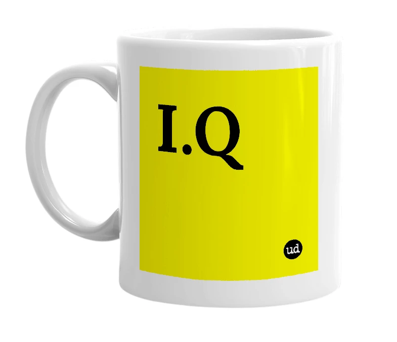 White mug with 'I.Q' in bold black letters