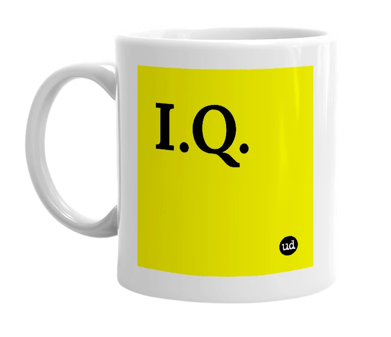 White mug with 'I.Q.' in bold black letters