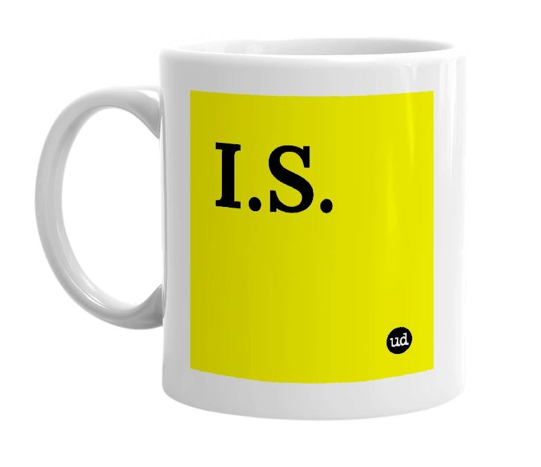 White mug with 'I.S.' in bold black letters